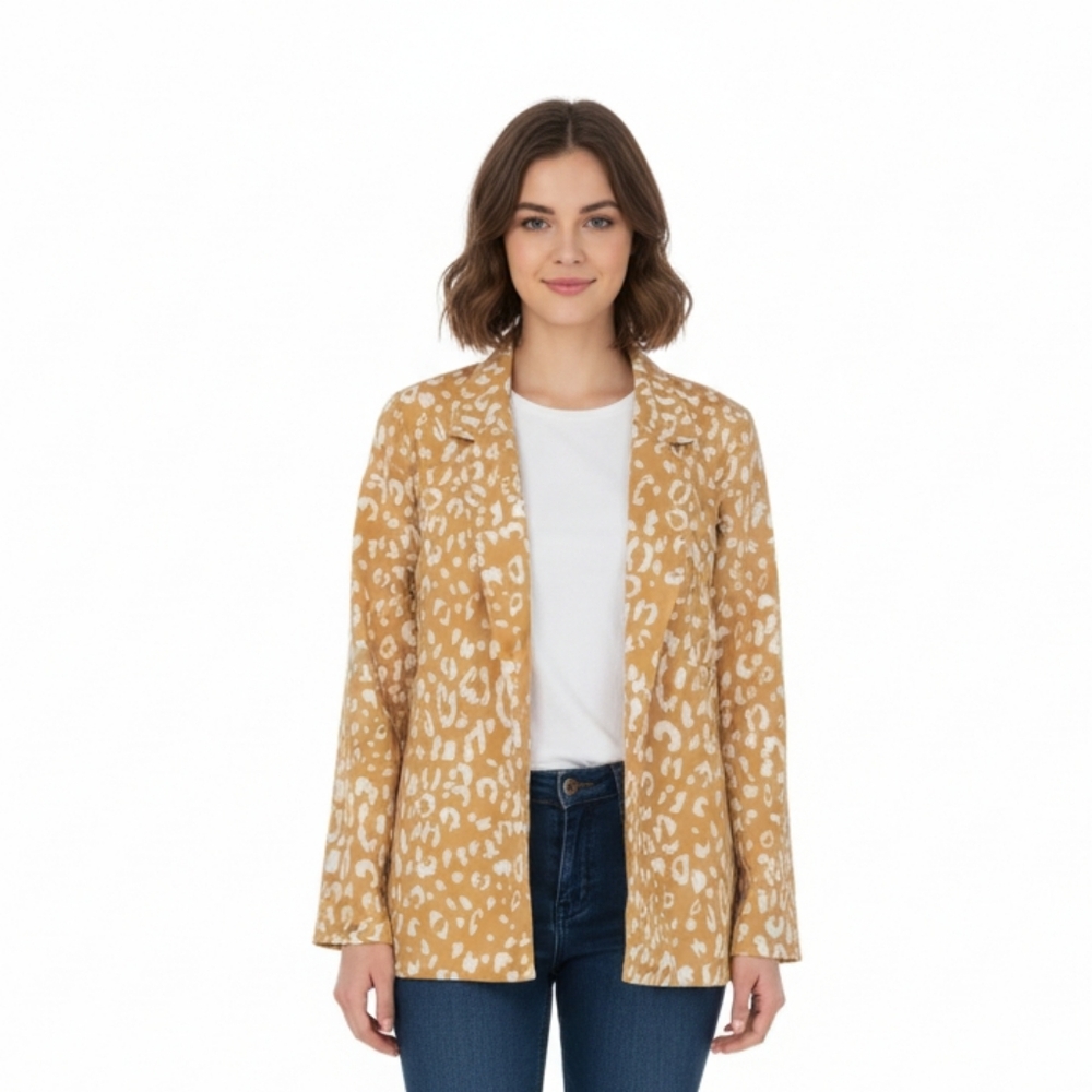 Andree By Unit Leopard Print Business Casual Career Mustard Yellow Blazer Size M